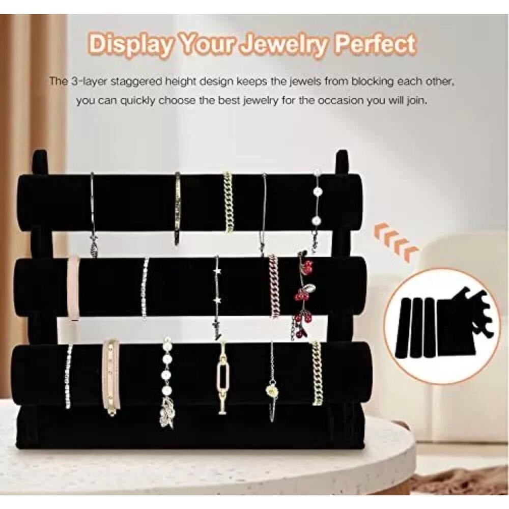 Elegant Velvet Bracelet Holder w/ 3 Tier Rack, Black Detachable Jewelry Display